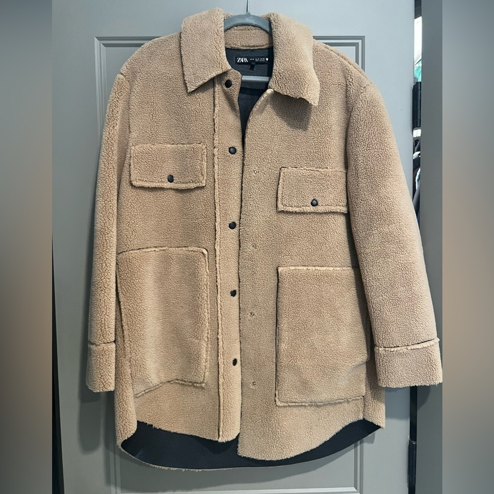 Zara Tan Sherling Coat with Faux Leather, like New